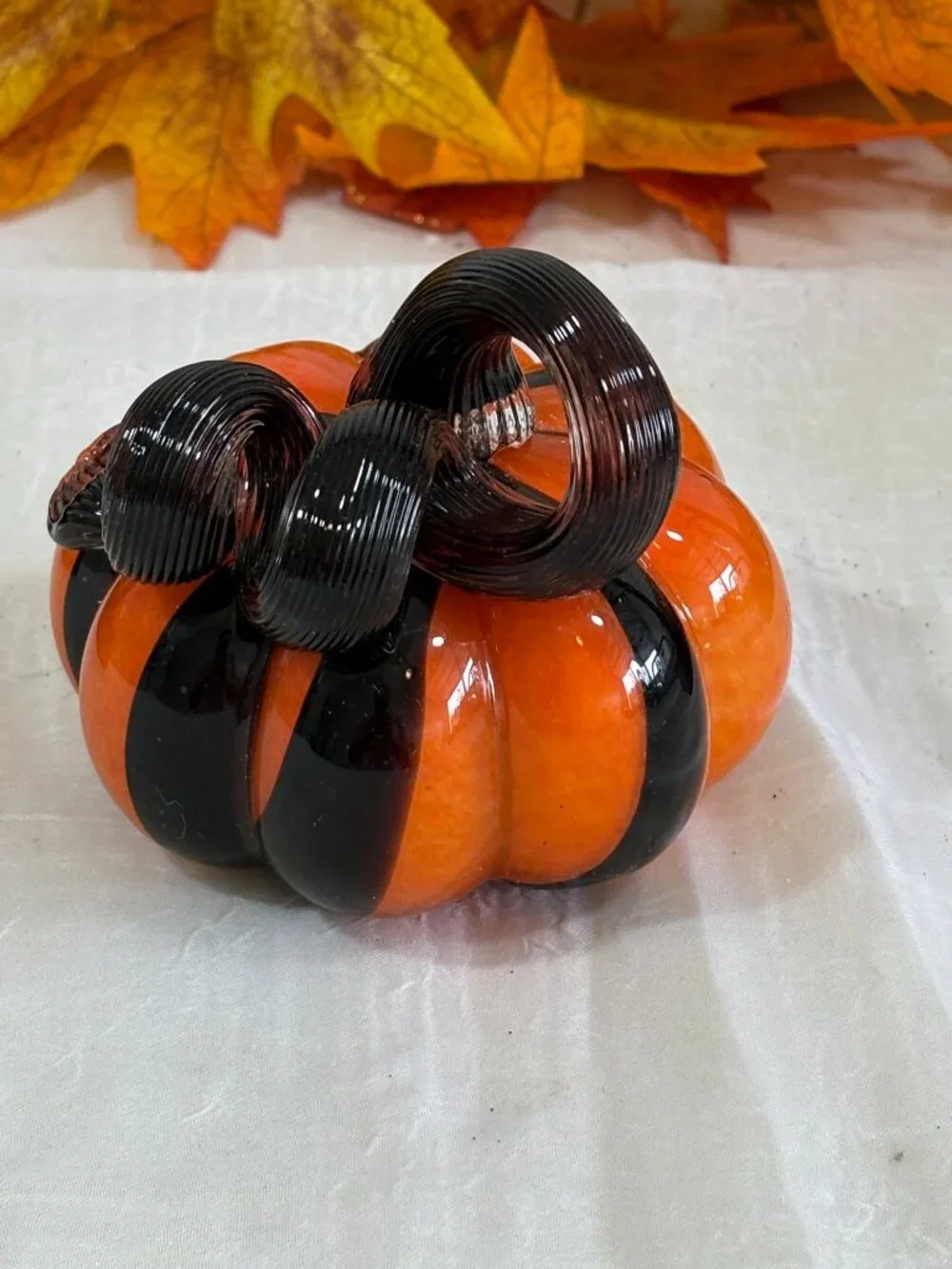 Hand Blown Art Glass Pumpkin Orange & Black Striped Designer Halloween Decor New